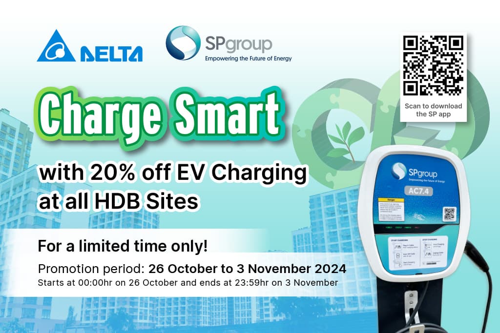 Save 20% off EV charging at all HDB locations from 26 Oct – 03 Nov